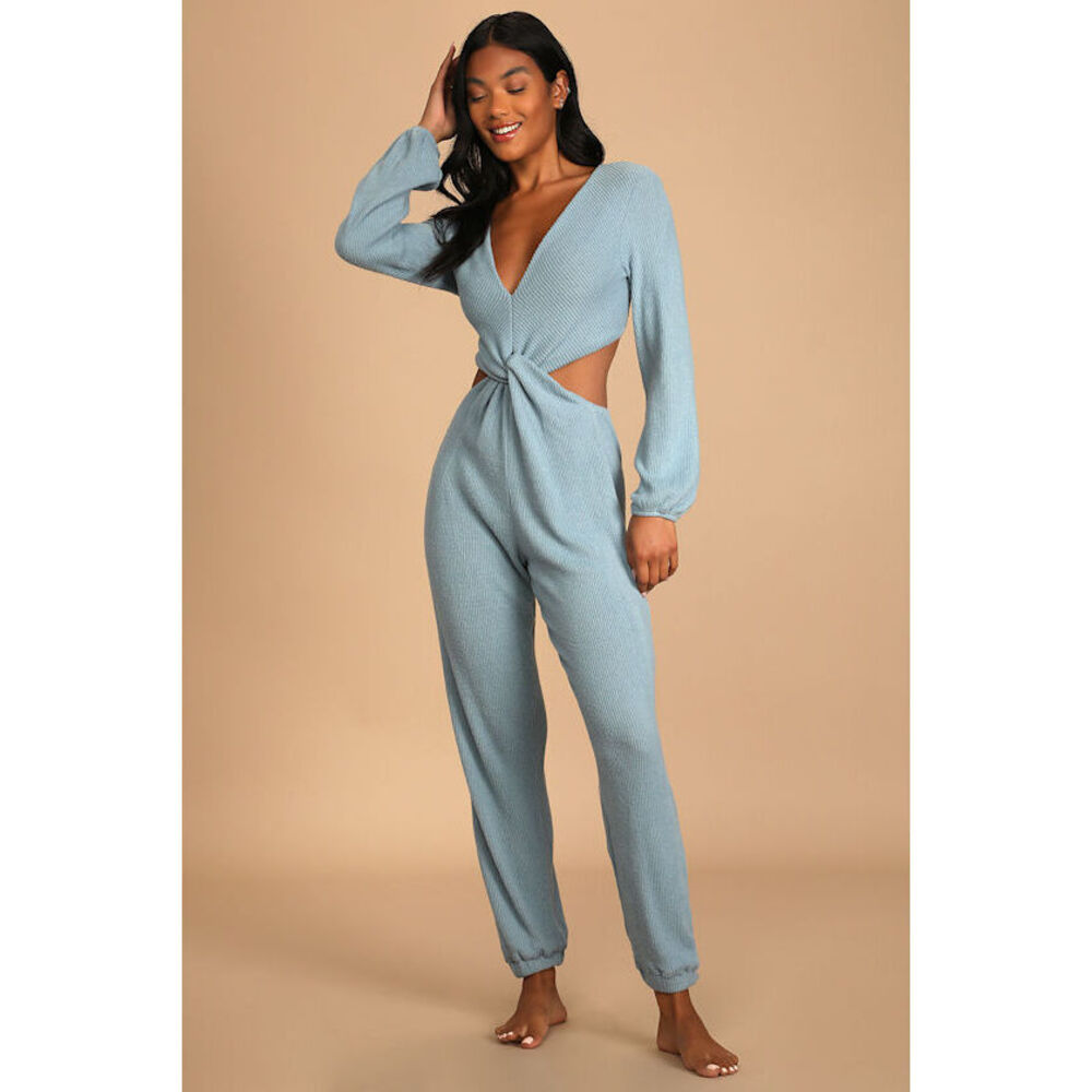 Lulus Lounge Time Light Blue Ribbed Twist-front Lounge Jumpsuit - Size S